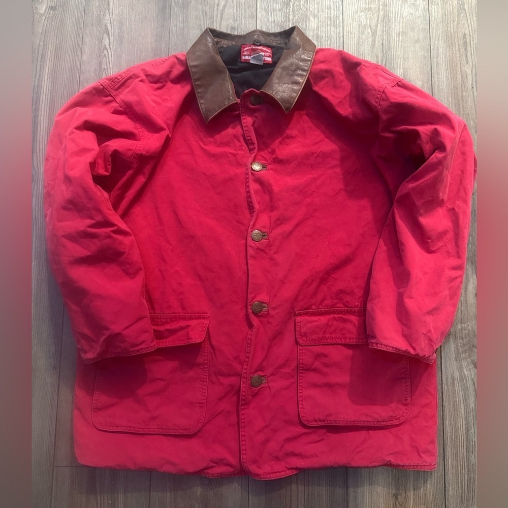 Vintage Marlboro Country Store Barn Jacket XL Red Chore Coat Leather Collar